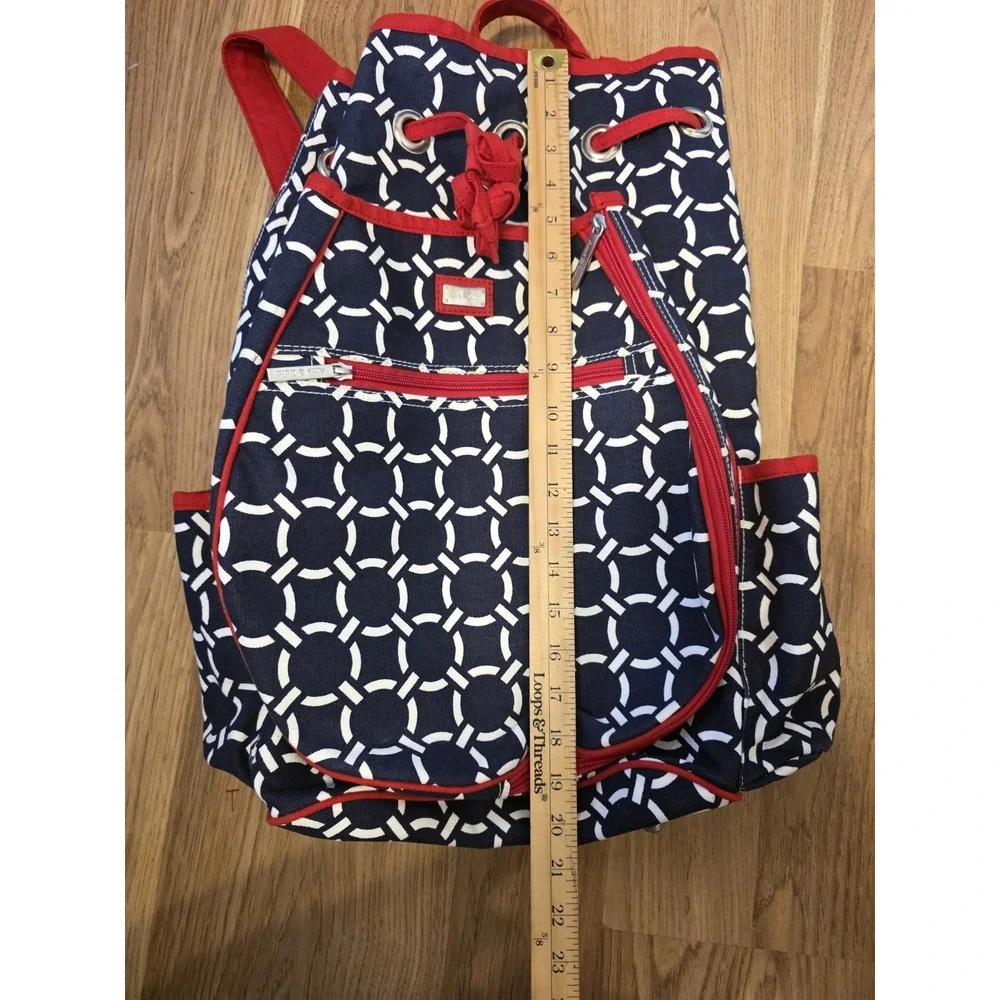 Ame & Lulu Tennis Backpack Red Navy Geometric Canvas Drawstring Large Tenniscore